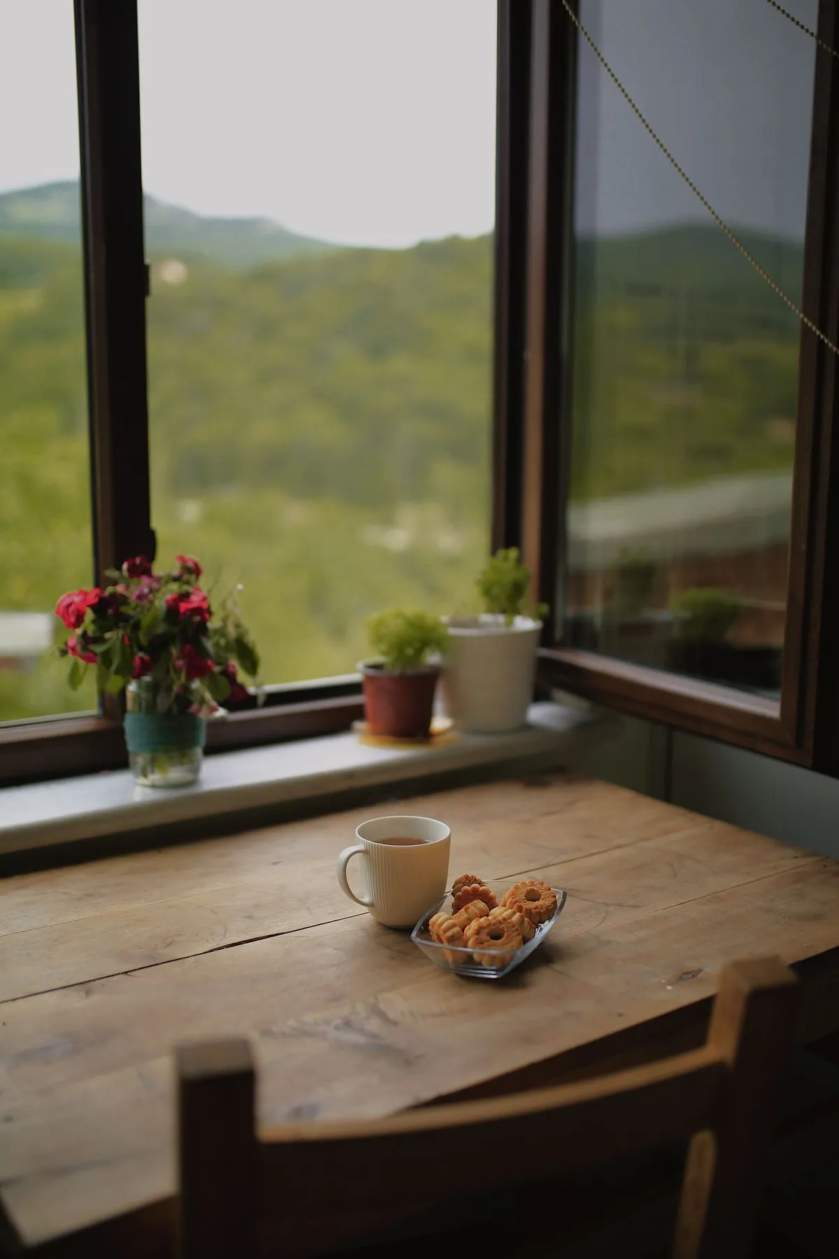 Gedeckter Frühstückstisch am Fenster mit Blick ins Grüne